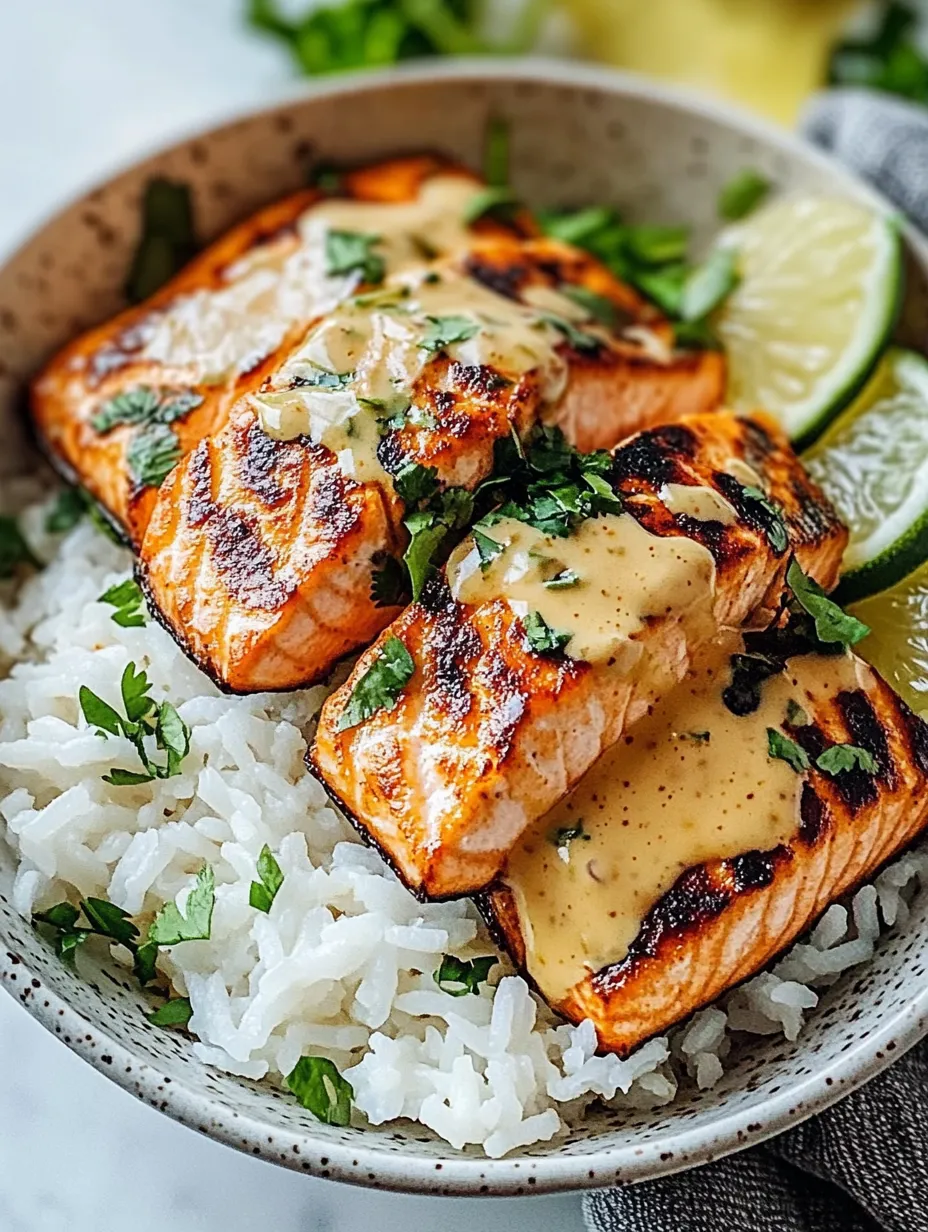 A bowl of rice with two pieces of salmon and a lemon wedge.