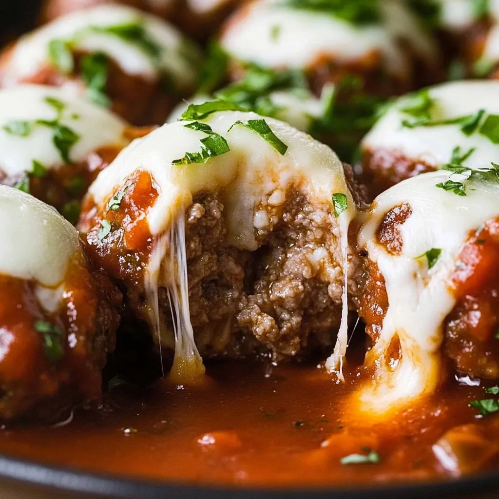 A plate of meatballs covered in cheese and tomato sauce.