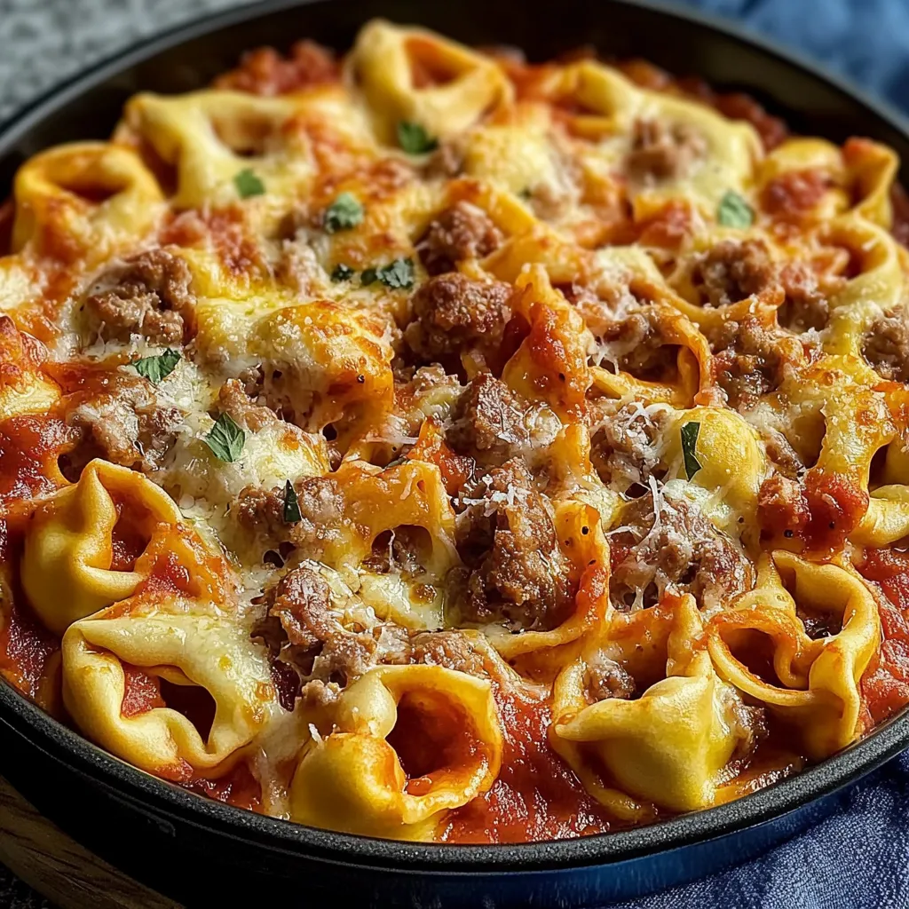 A bowl of pasta with meat and cheese.