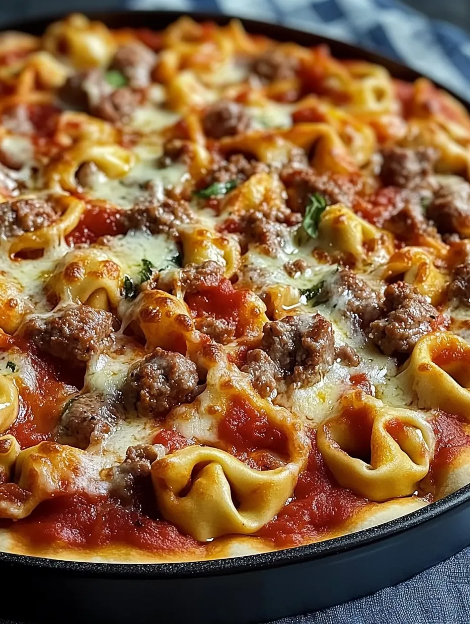 A delicious pizza with pasta and meat on top.