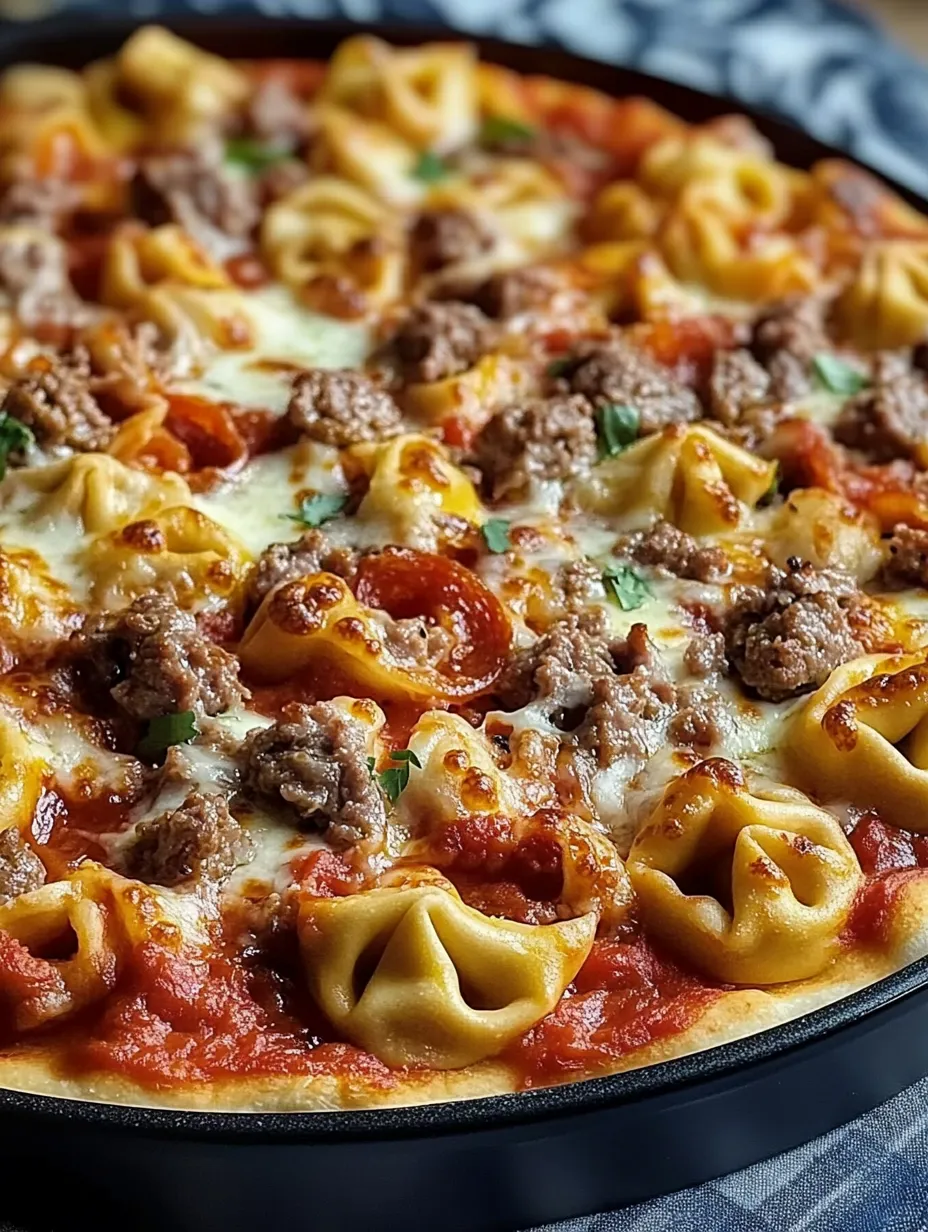 A pizza with meat and pasta on it.