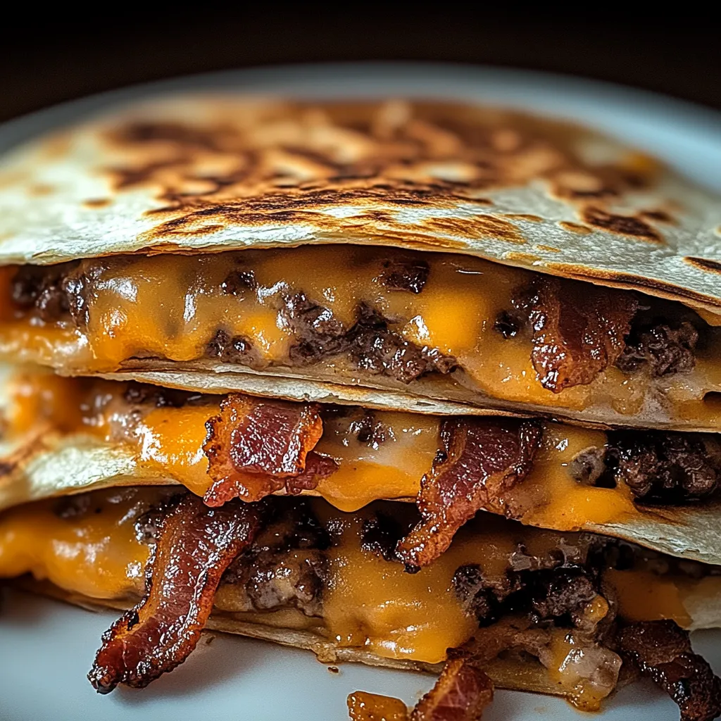 Bacon and cheese sandwiches stacked on a plate.