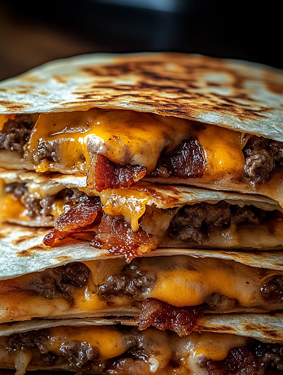 Bacon and cheese burrito stacked on top of each other.