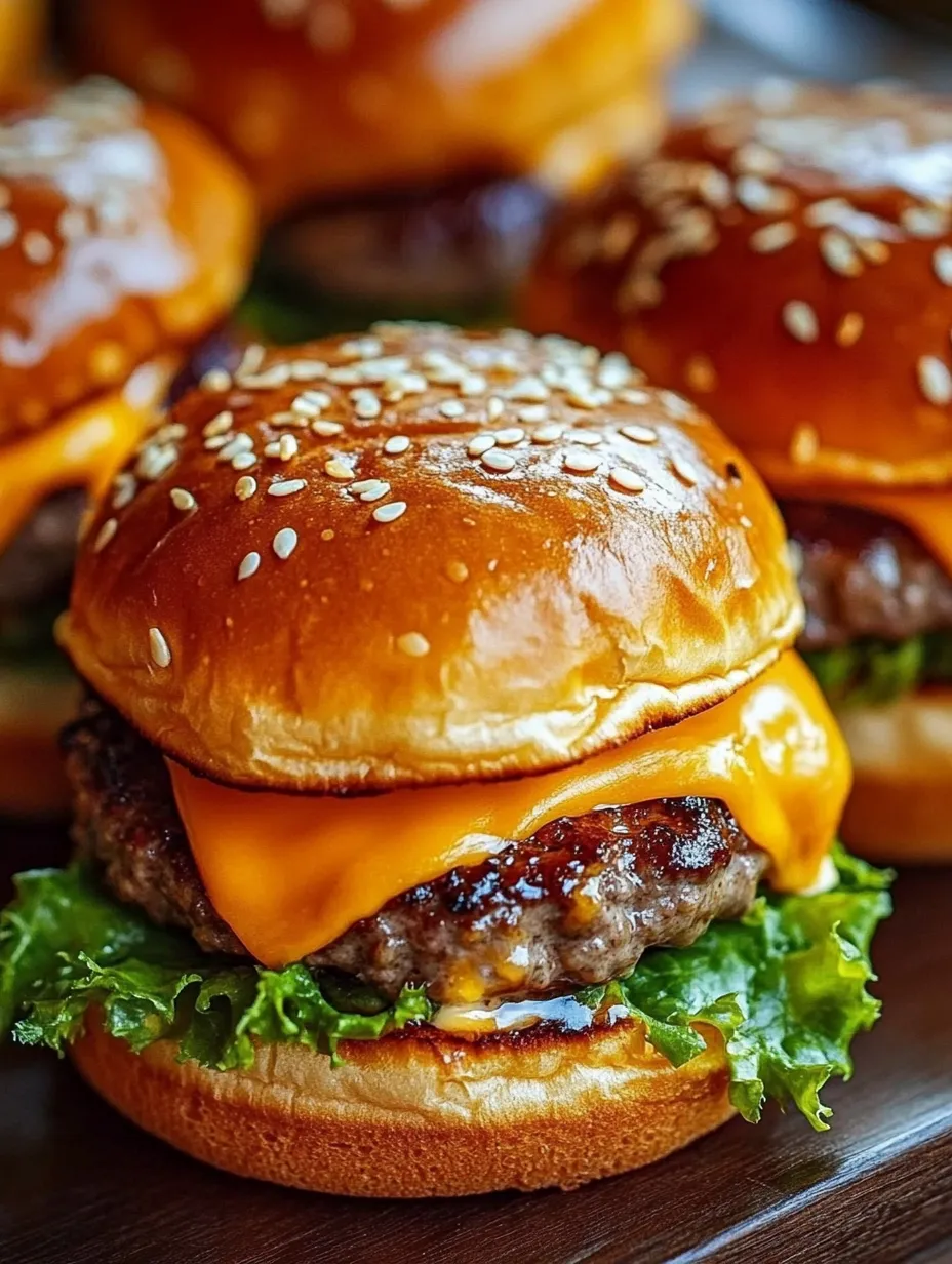 A plate of hamburgers with cheese and sesame seeds.