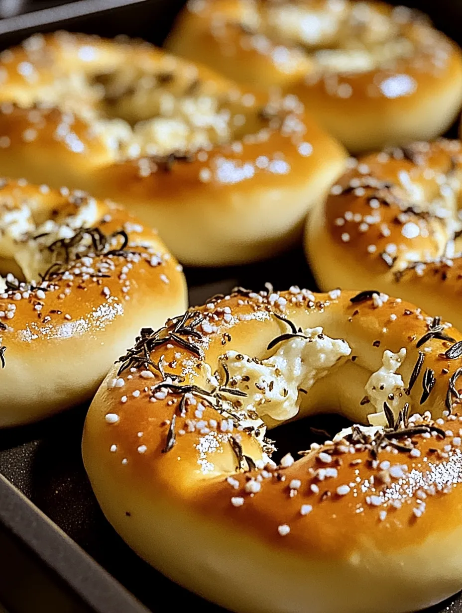 A plate of bagels with cheese and sesame seeds.