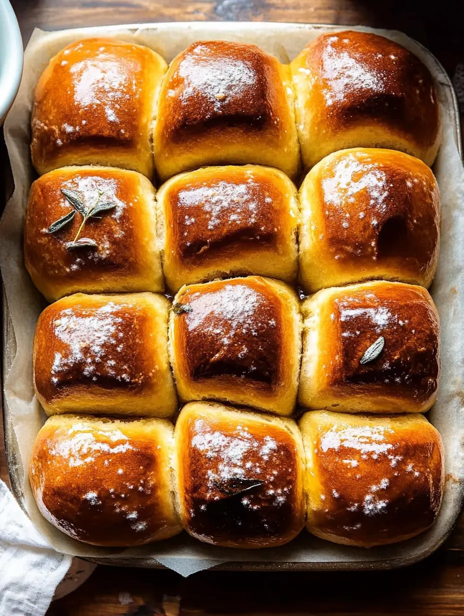 A tray of bread rolls with a sprig of rosemary on top.