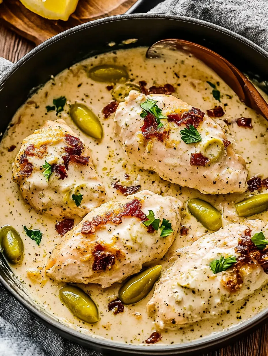 A bowl of chicken with bacon and herbs in a creamy sauce.