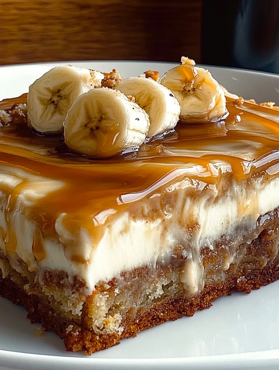 A slice of cake with bananas on top.