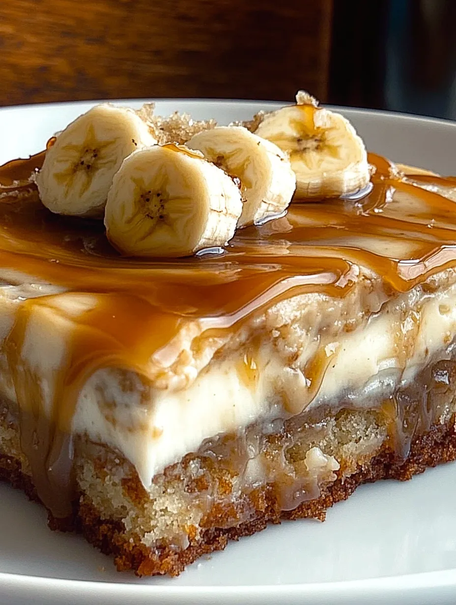 A slice of cake with bananas and caramel sauce on top.