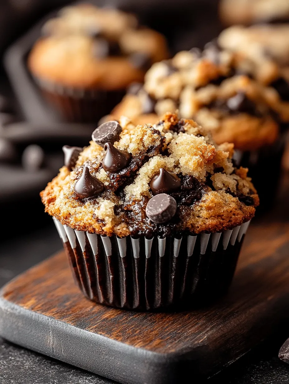 A cupcake with chocolate chips and chocolate drizzle.