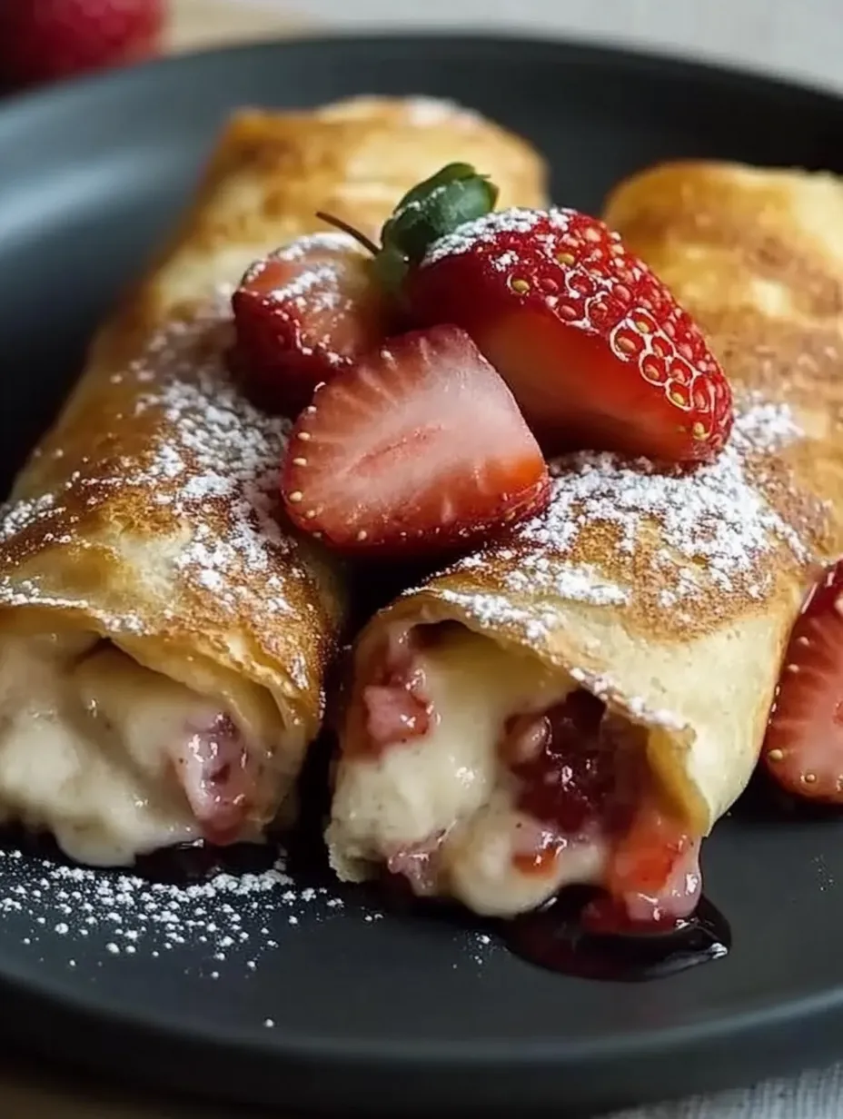 A plate with two crepes and strawberries on top.