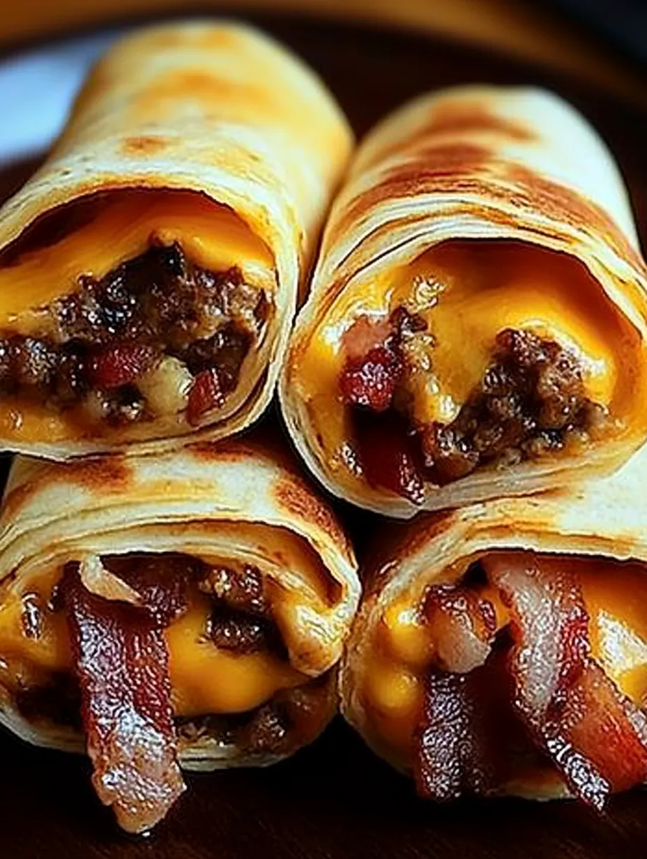 Three burritos with cheese and bacon are stacked on top of each other.