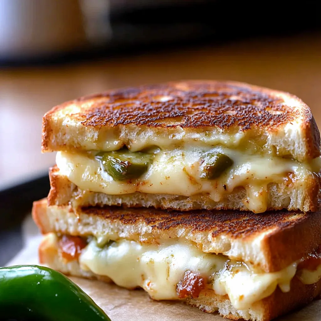 A stack of grilled cheese sandwiches with jalapenos on top.