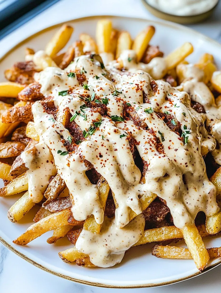 A plate of french fries covered in cheese and sauce.