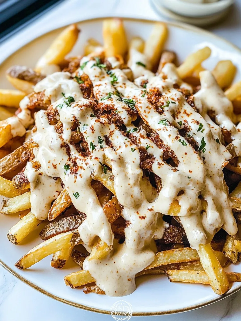 A plate of french fries covered in cheese and sauce.