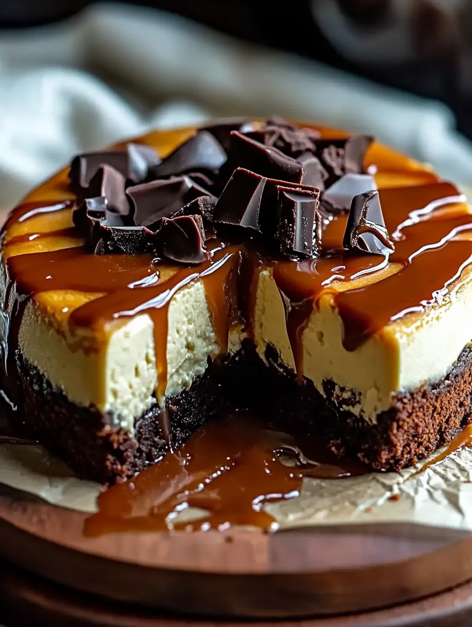 A slice of caramel cheesecake with chocolate drizzle on a plate.