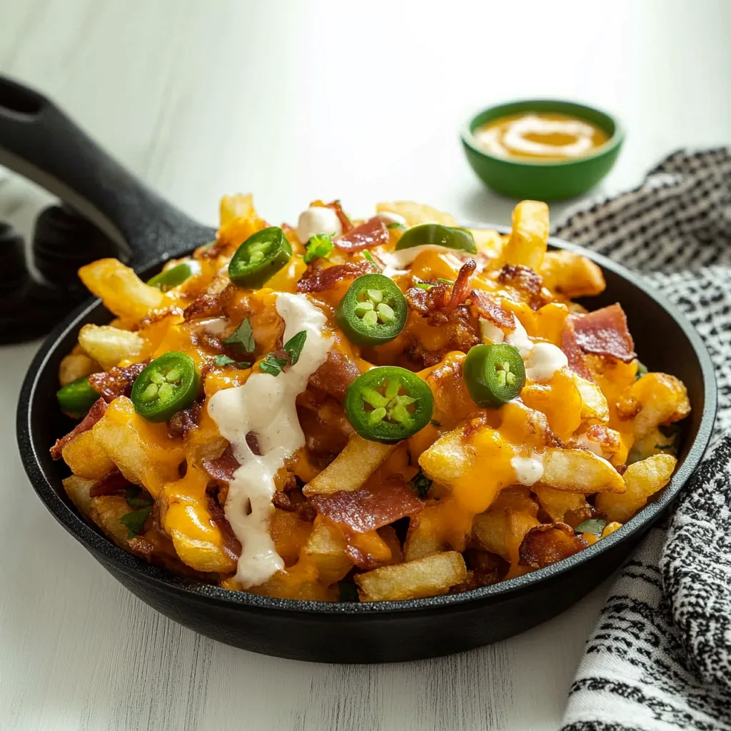 A plate of bacon and cheese covered fries with a side of sour cream.