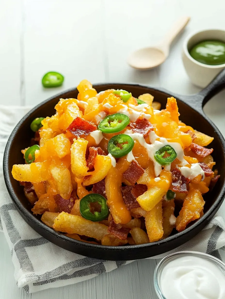 A bowl of bacon and pepper fries with a spoon in it.