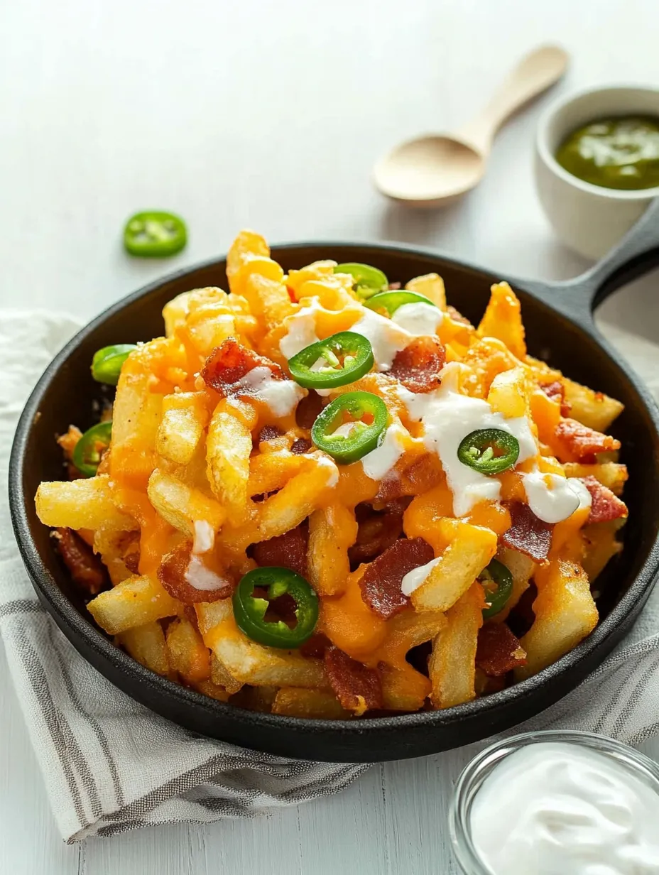 A plate of cheese and bacon covered fries with a spoon and a bowl of salsa on the side.