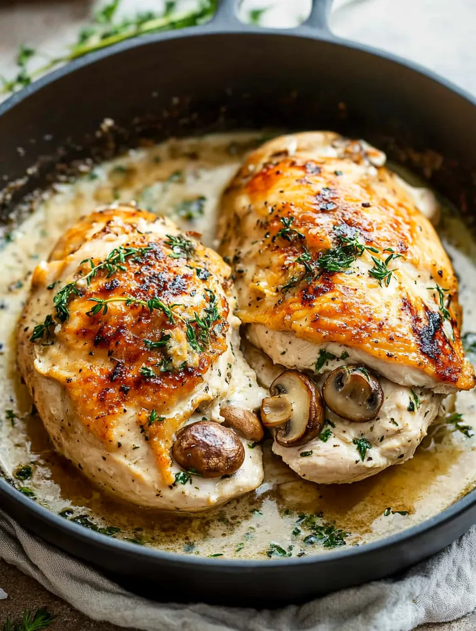 Two pieces of chicken with mushrooms and herbs in a pan.