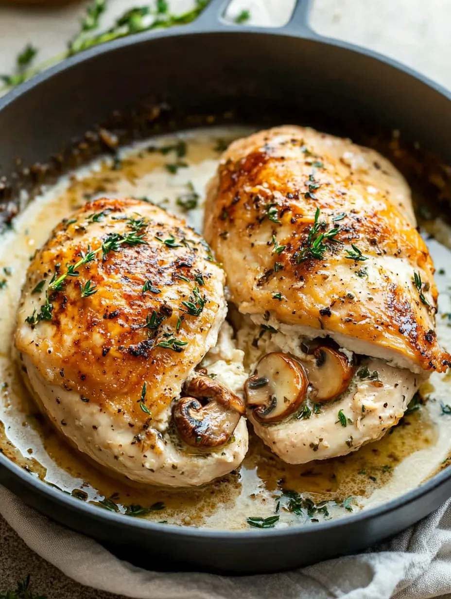 Two pieces of chicken with mushrooms and herbs in a pan.