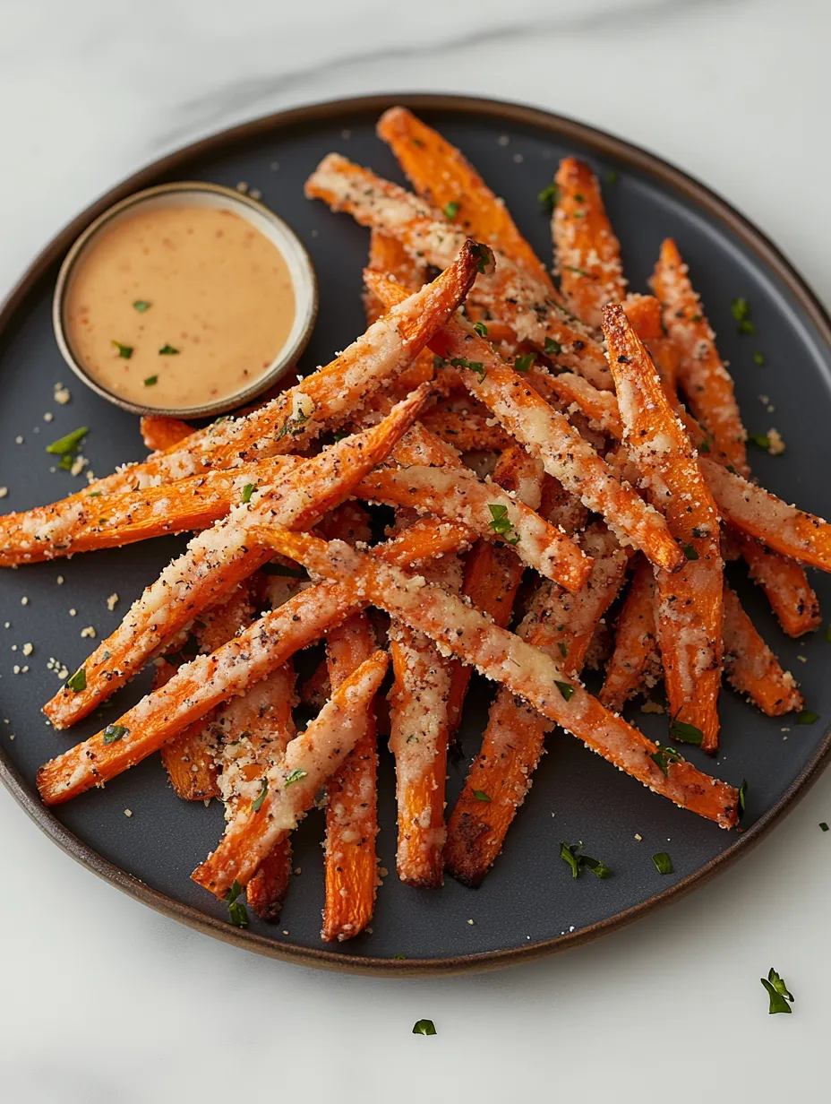 A plate of fries with a dipping sauce on a table.