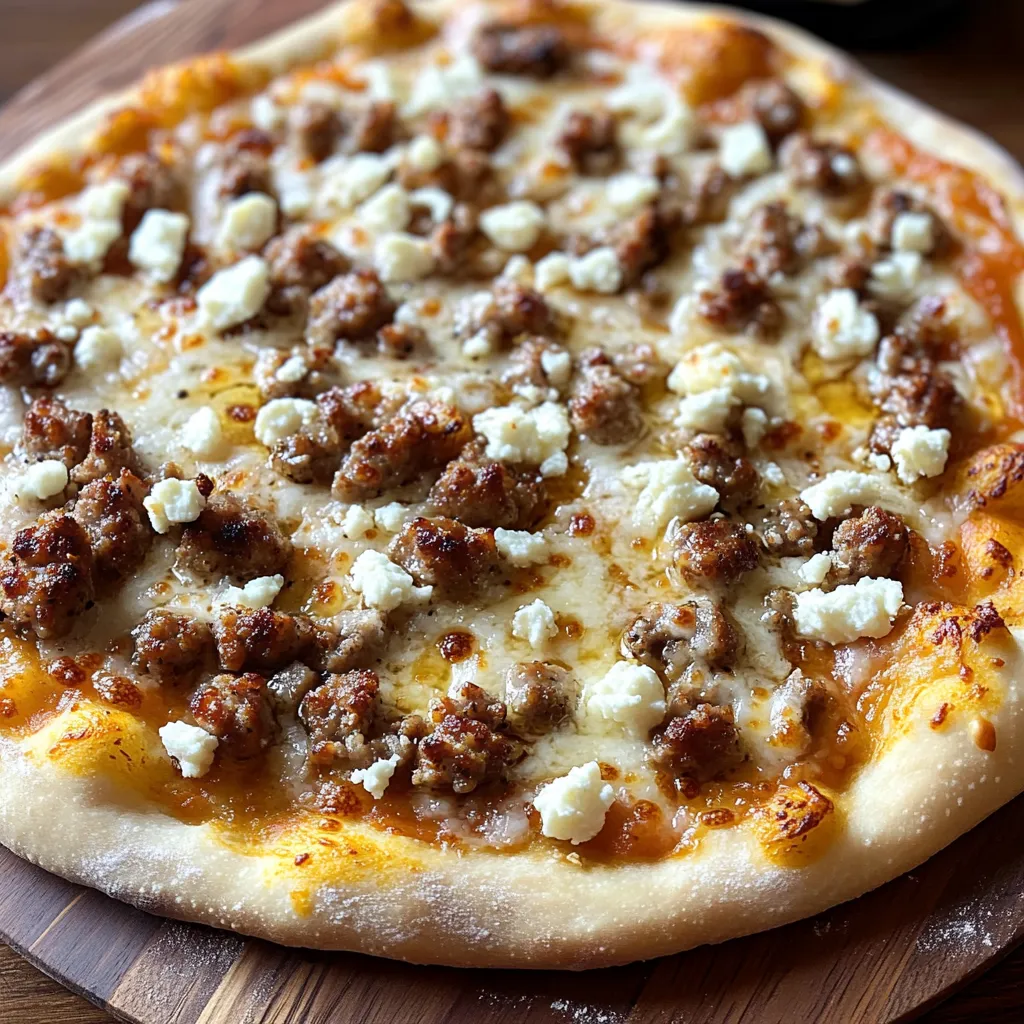 A pizza with meat and cheese on a wooden table.