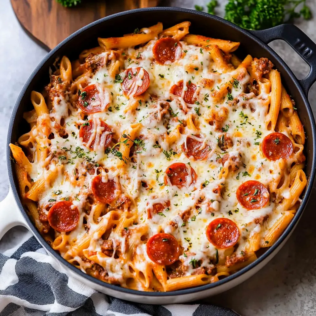 A delicious pasta dish with pepperoni and cheese, ready to be served.