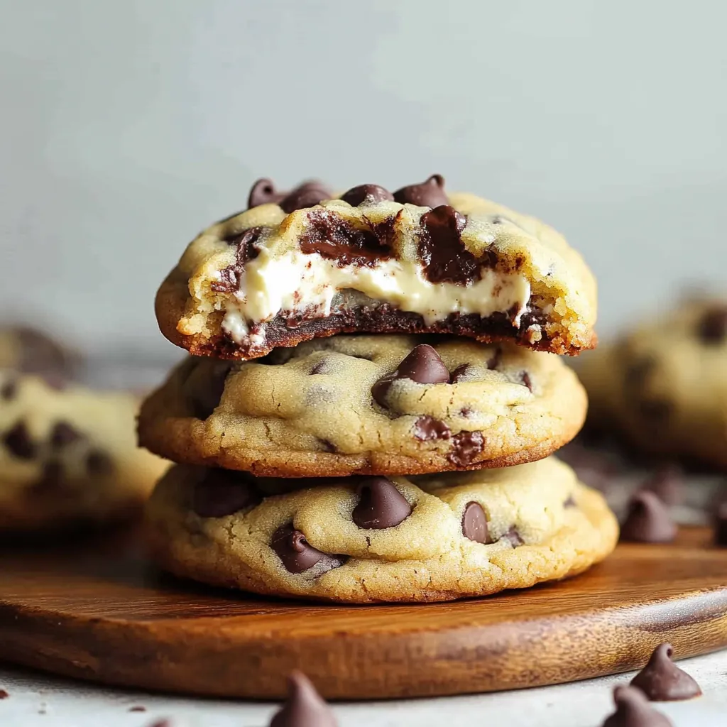 Two chocolate chip cookies stacked on top of each other.