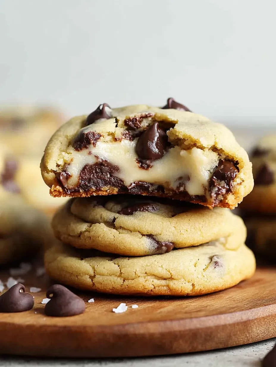 A stack of chocolate chip cookies on a wooden table.