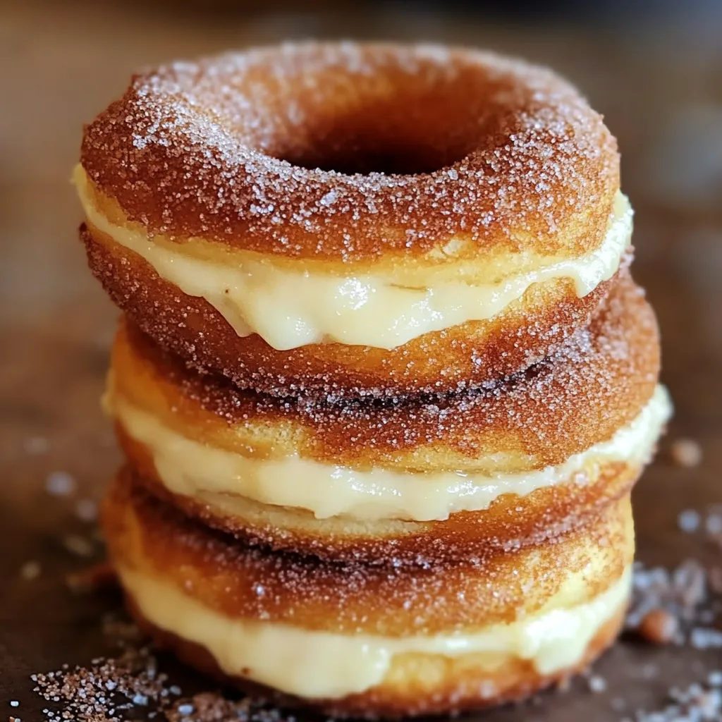 A stack of three donuts with powdered sugar on top.