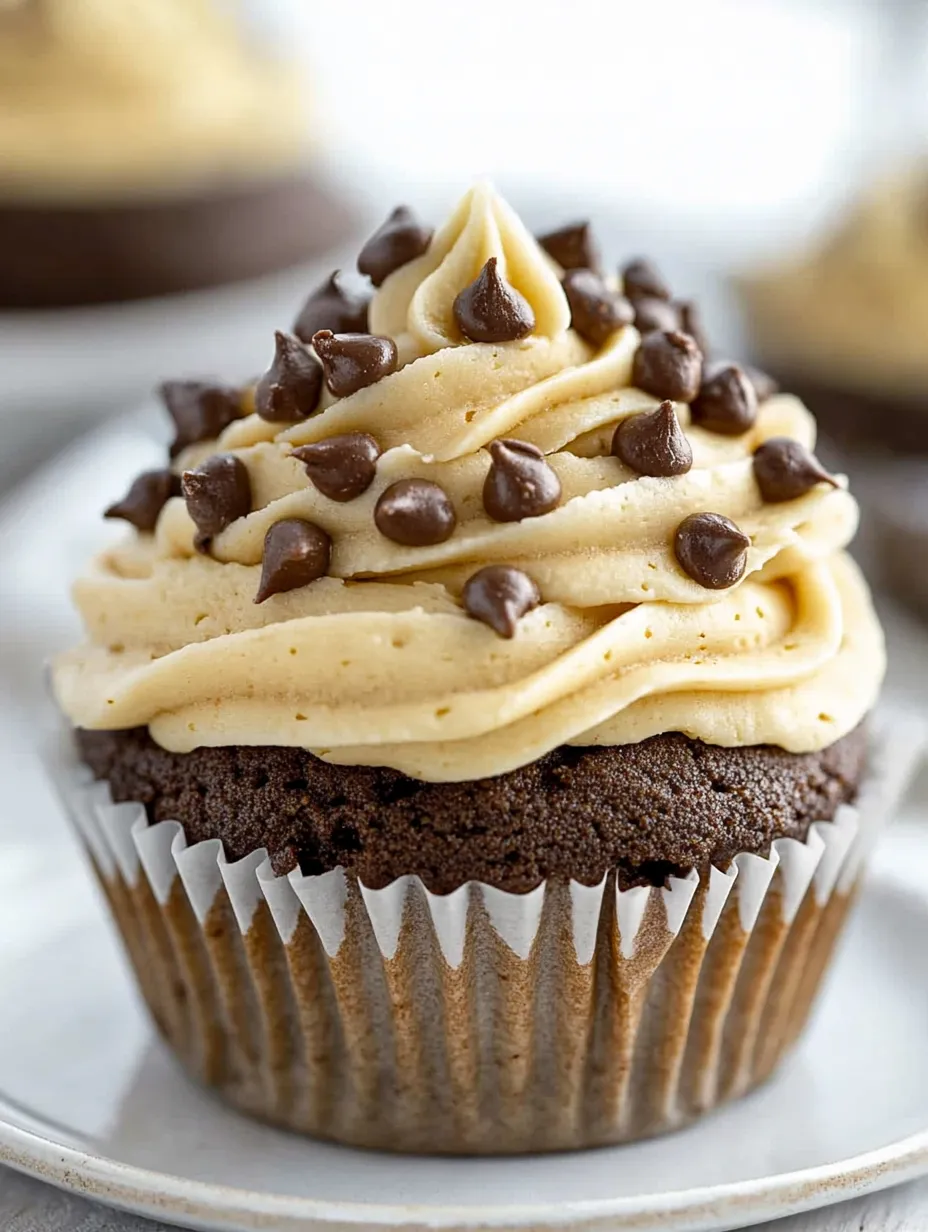 A cupcake with chocolate frosting and chocolate chips on top.