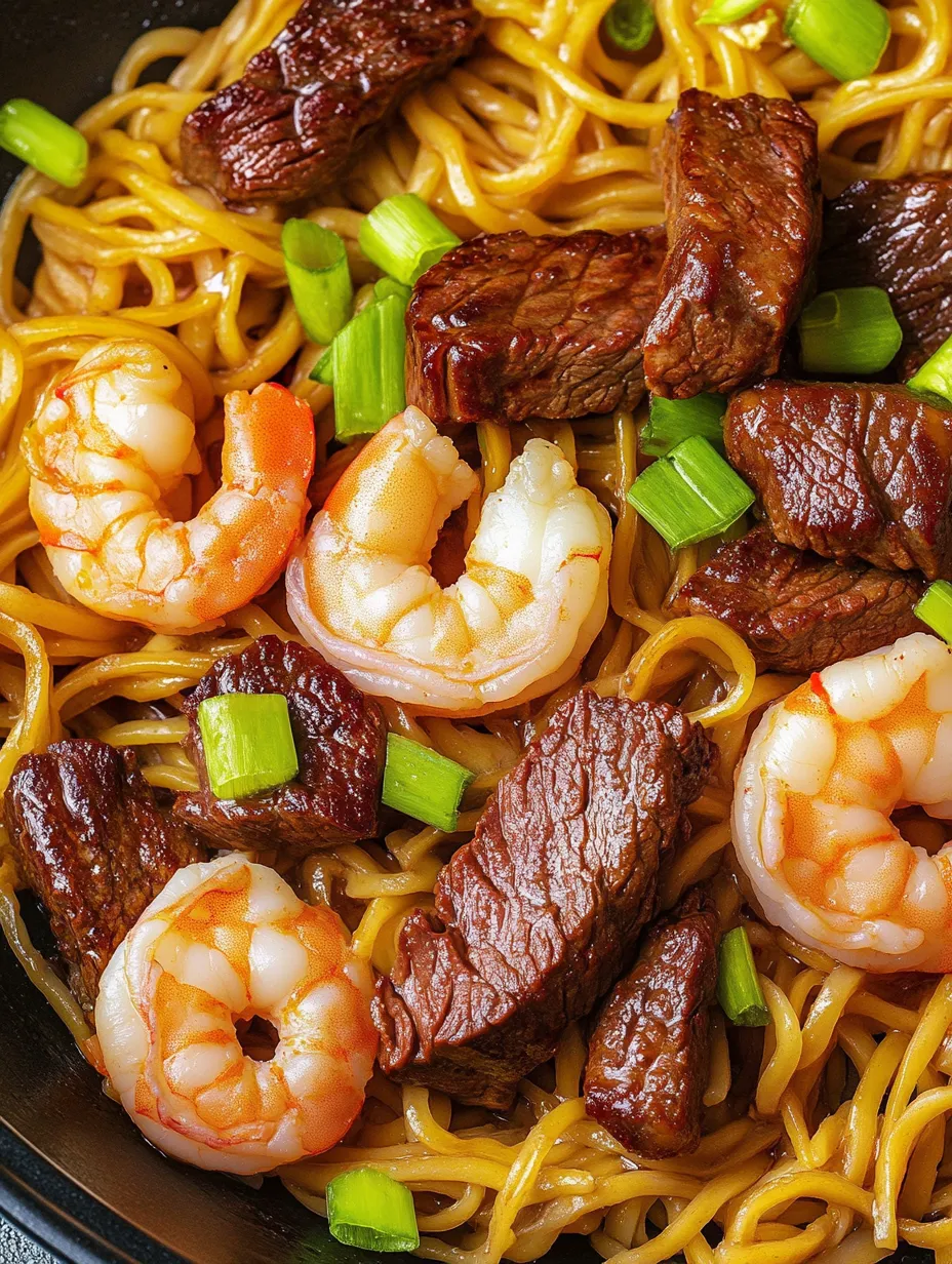 A bowl of noodles with meat and shrimp, ready to be eaten.