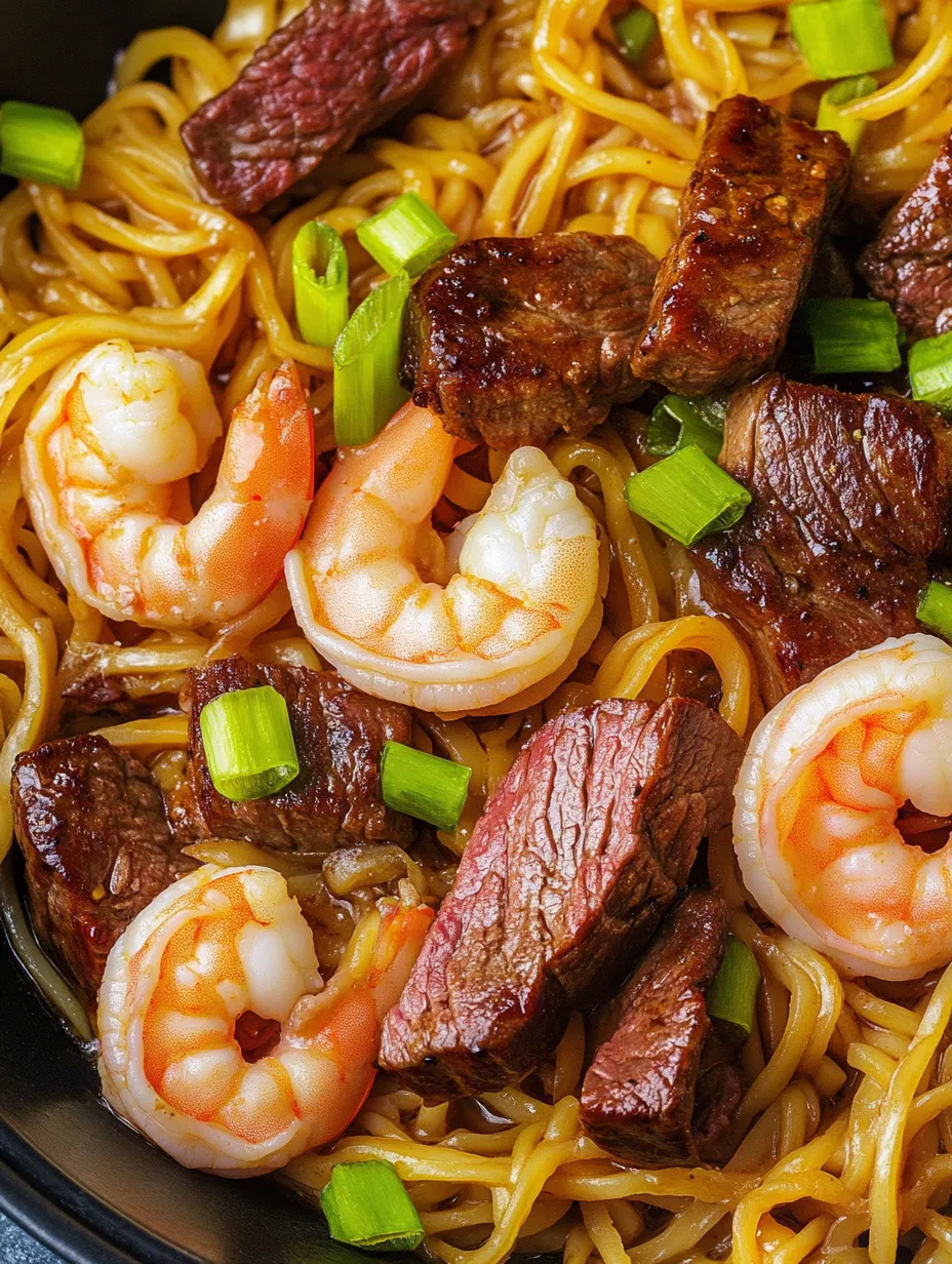 A bowl of noodles with shrimp and beef, topped with green onions.