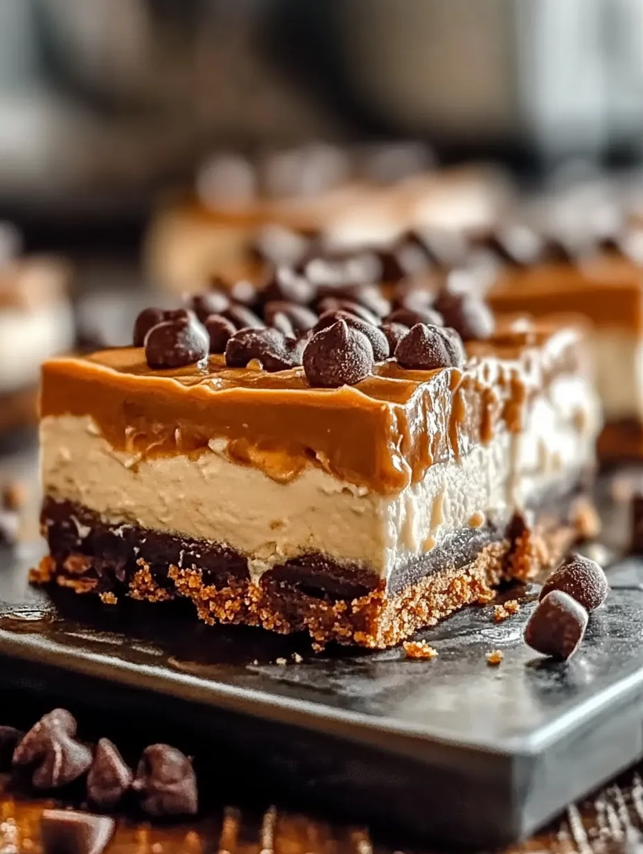 A slice of chocolate cake with caramel drizzle and chocolate chips.