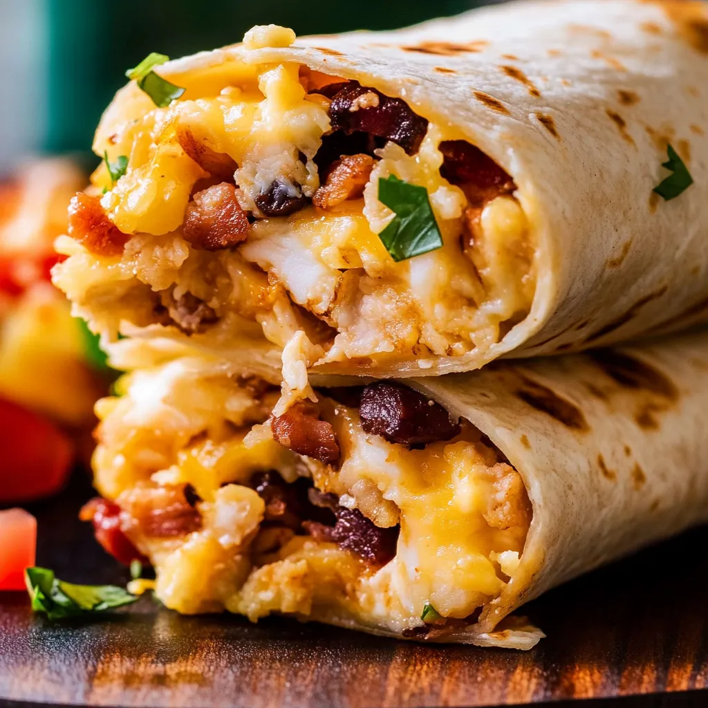 A delicious breakfast burrito filled with eggs, bacon, and cheese.