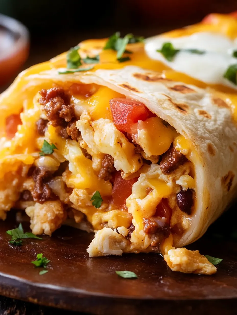 A delicious burrito filled with eggs, tomatoes, and cheese.