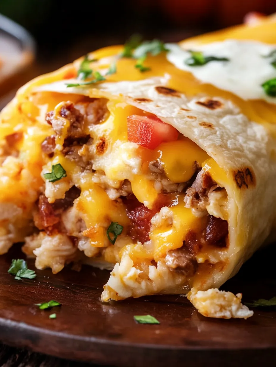 A delicious burrito with cheese and tomatoes on a wooden table.