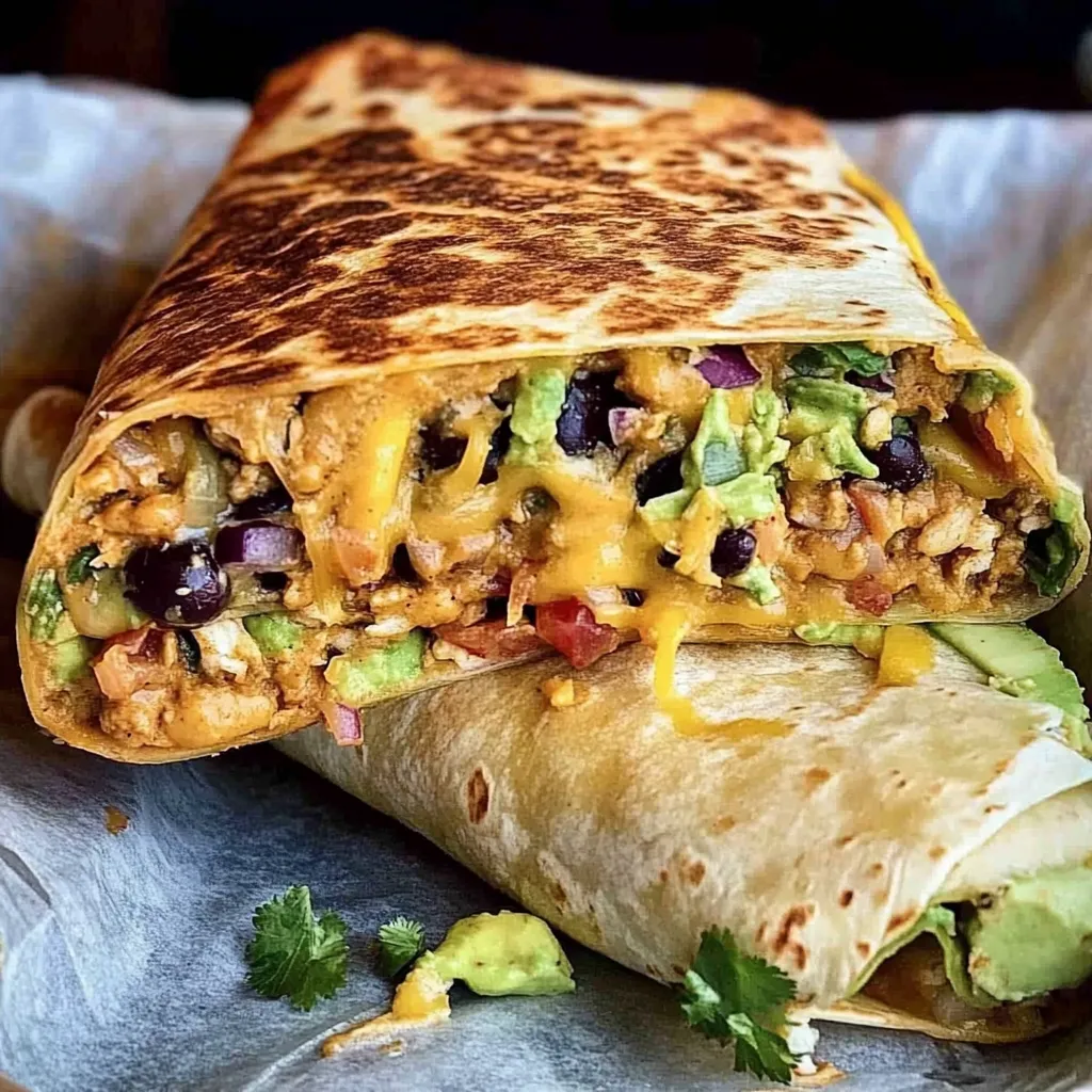 A delicious burrito with cheese and vegetables.