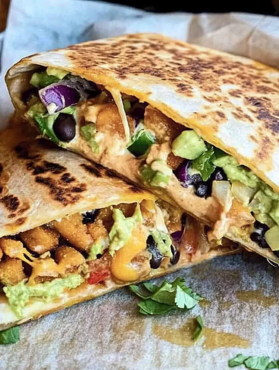 A delicious burrito filled with chicken, black beans, and avocado, ready to be enjoyed.