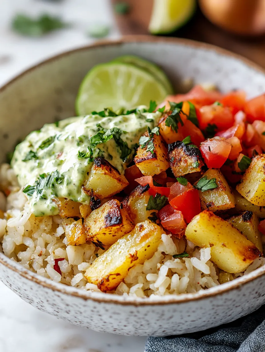 A bowl of rice with vegetables and a white sauce.