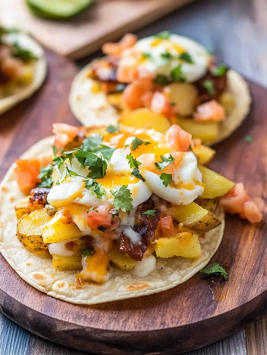 A delicious meal of tacos with various toppings, including sour cream and cheese, is displayed on a wooden cutting board.