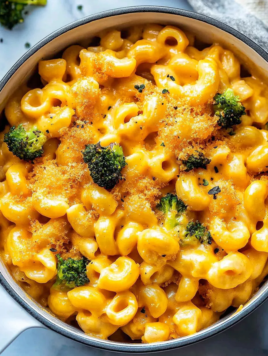 A bowl of macaroni and cheese with broccoli on top.