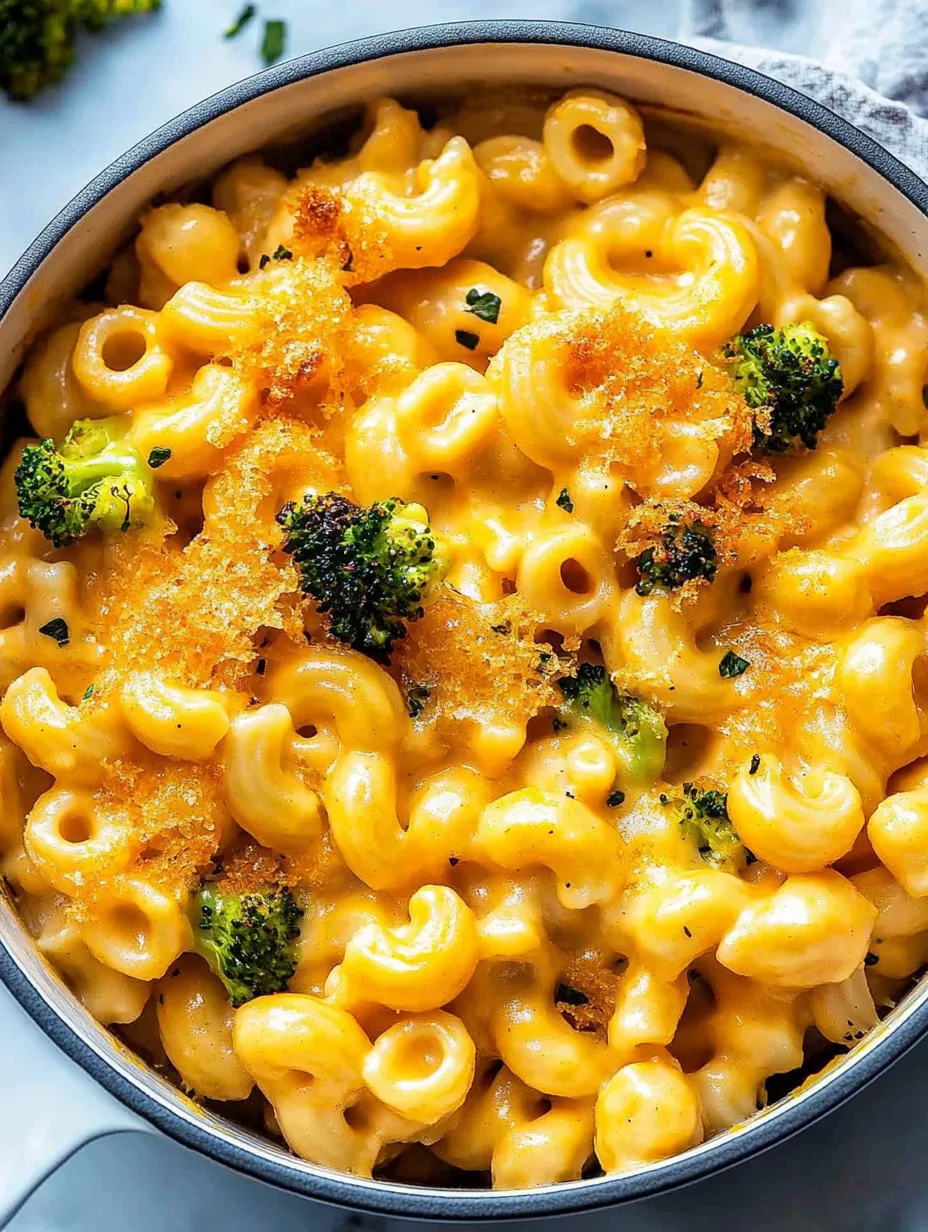 A bowl of macaroni and cheese with broccoli on top.