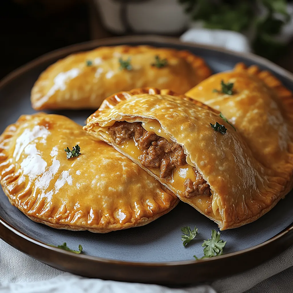 Two pieces of meat filled pastry on a plate.