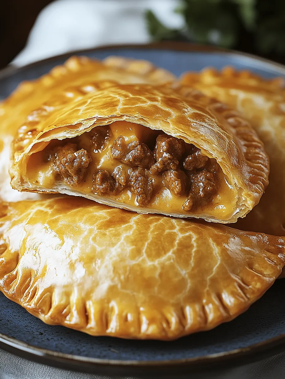 Two pieces of cheese and meat filled pastries on a blue plate.