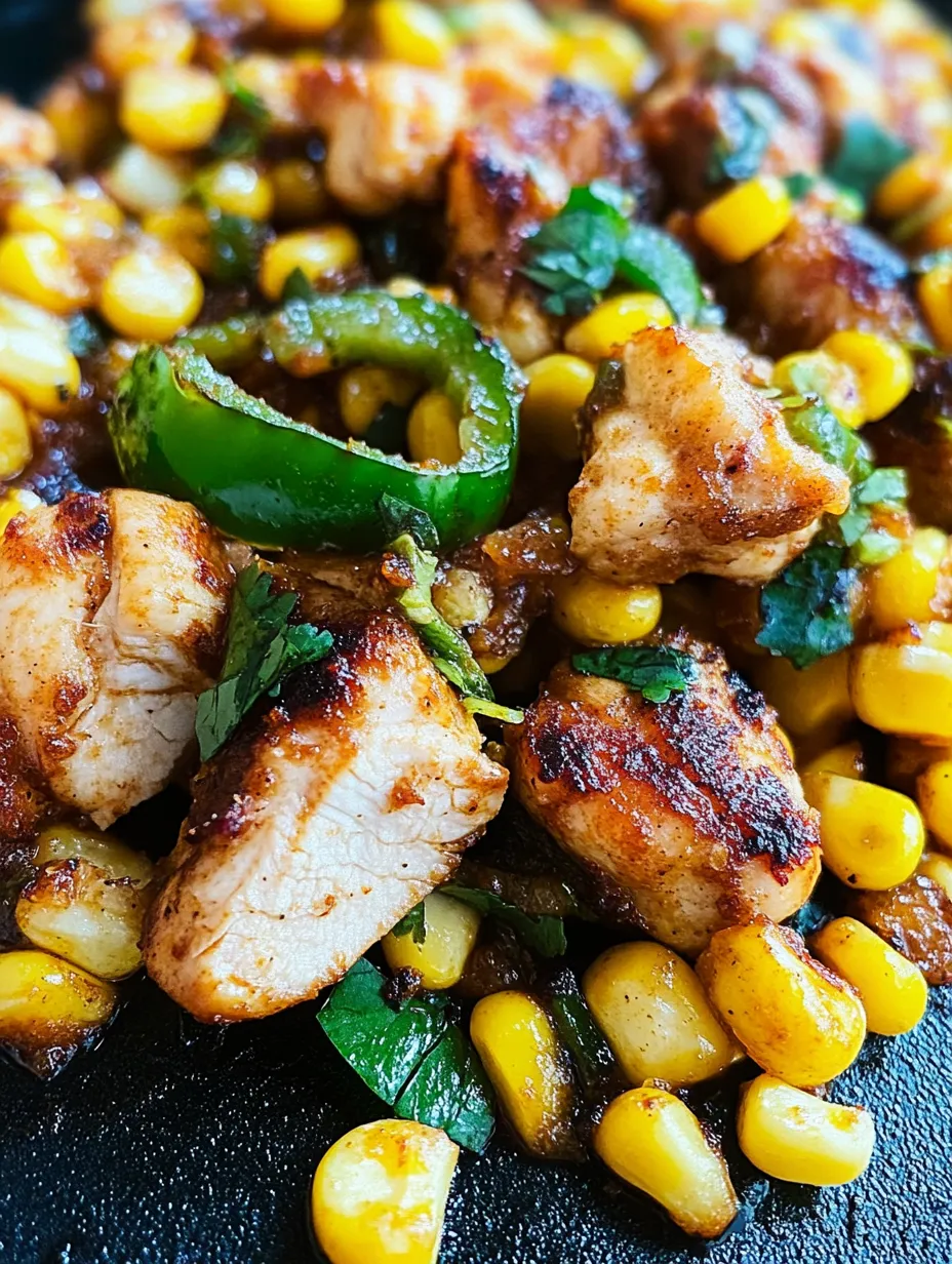 A plate of food with chicken, corn, and peppers.