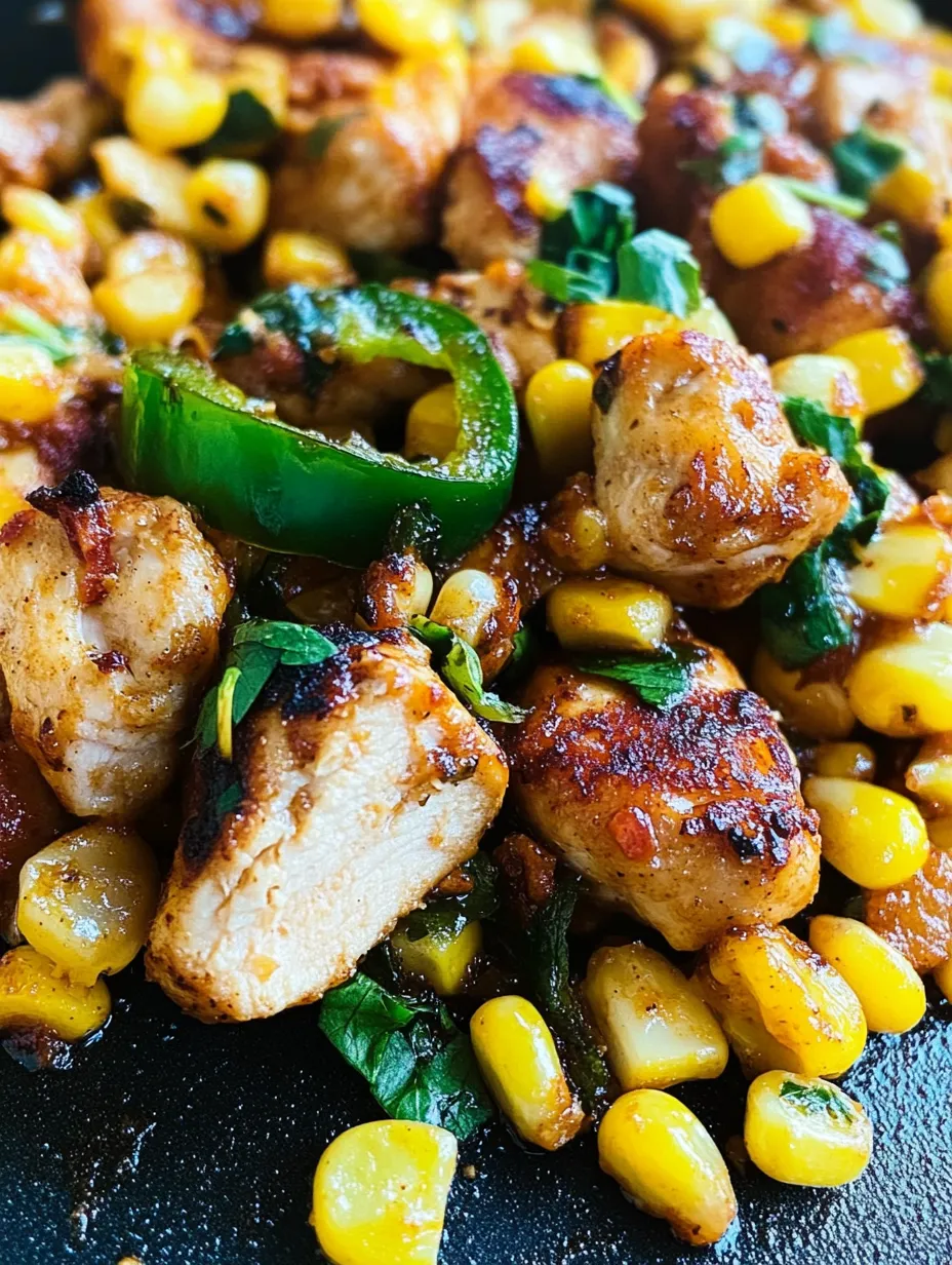 A delicious meal of chicken and corn on the cob, with a spicy kick from the peppers.