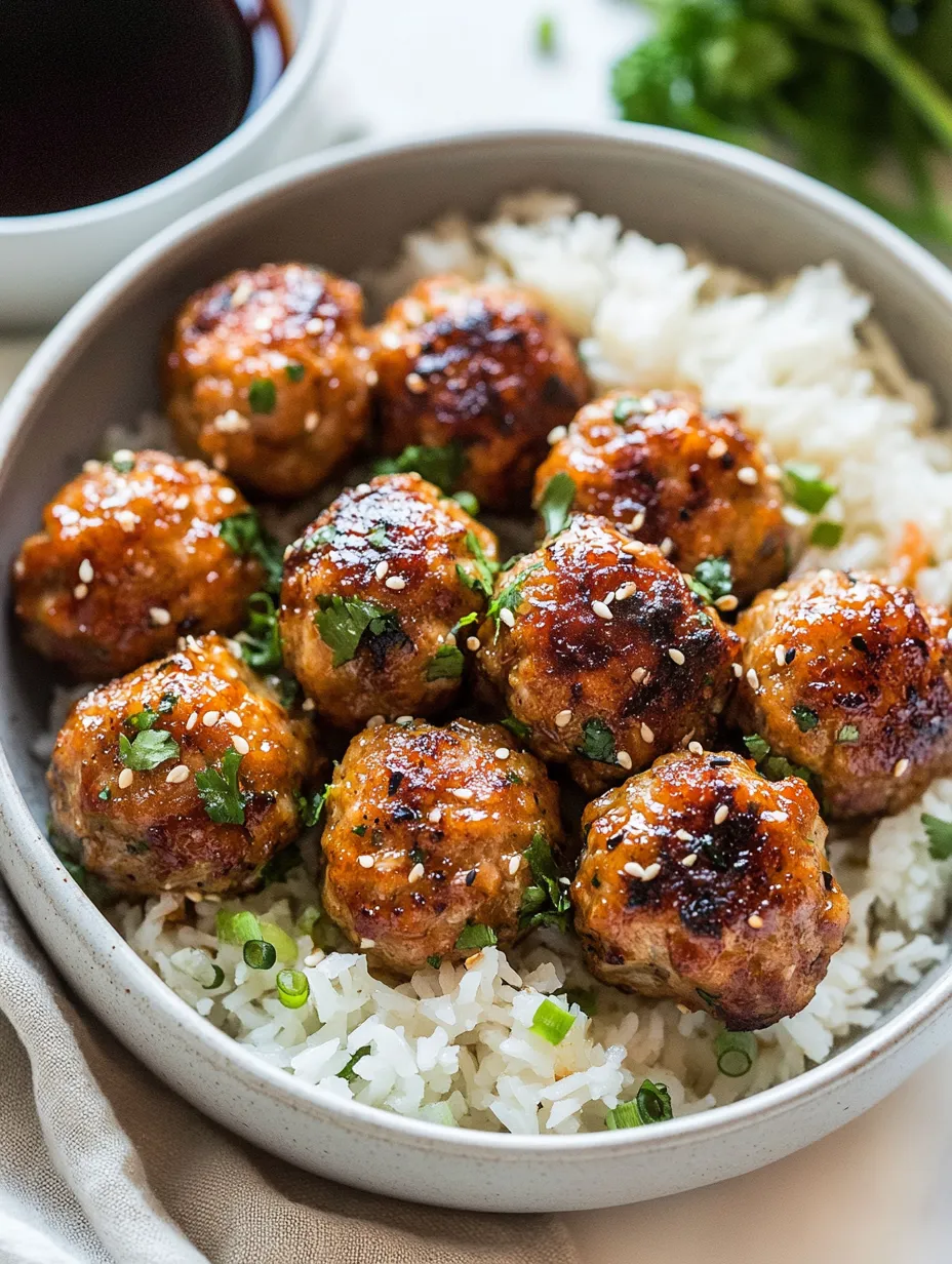 A bowl of meatballs with rice and green onions.