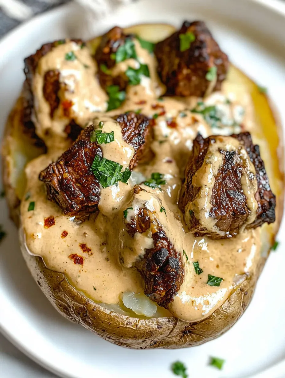 A delicious meal of meat and potatoes with a creamy sauce.